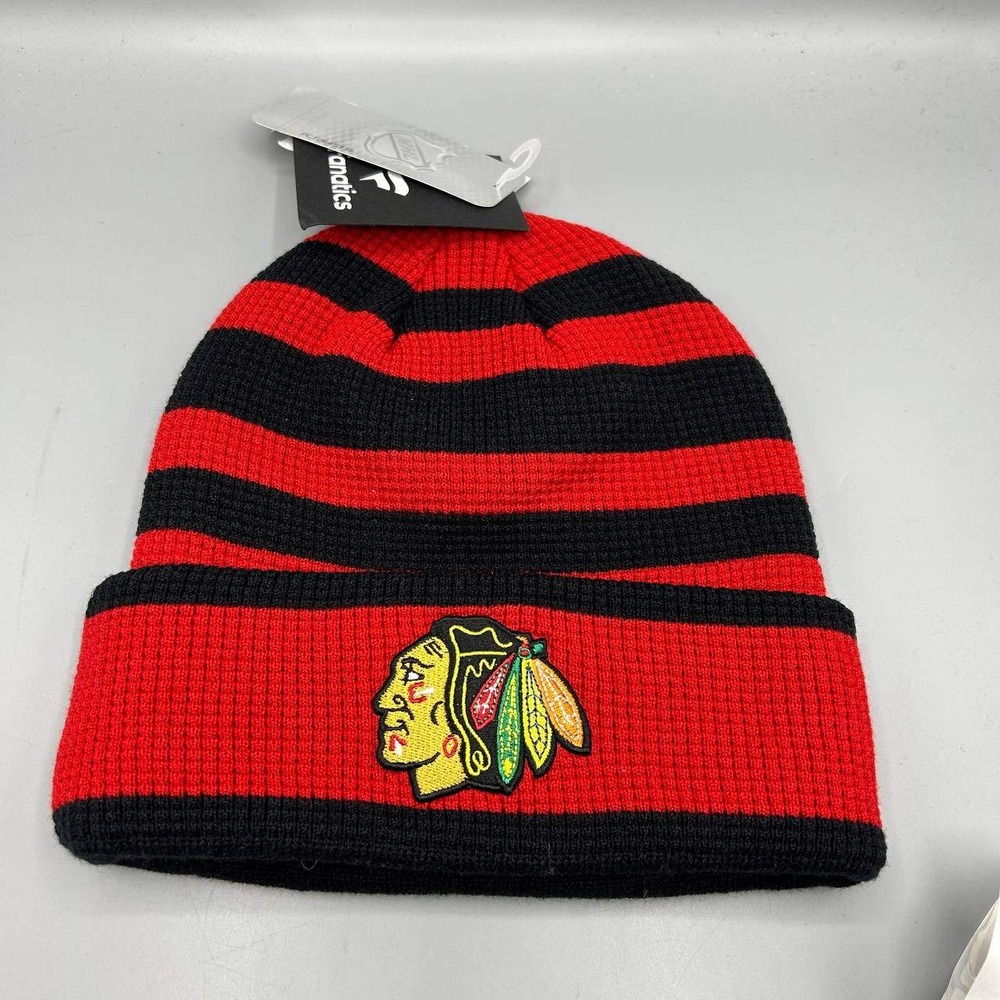 Chicago Blackhawks NHL Hat Men Red Black Striped Fanatics Cuffed Beanie Cap New